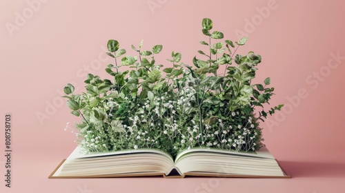 An open book with its pages transforming into a canopy of green leaves, symbolizing facts about sustainability against a pastel pink background