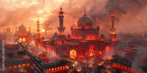 A painting depicting a city filled with thick smoke, creating a scene of pollution and environmental impact Islamic New Year Muharram Hijri