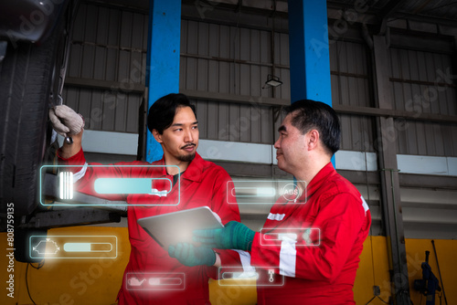 Car mechanic inspects car using technology and computer show resault at virtual screen.