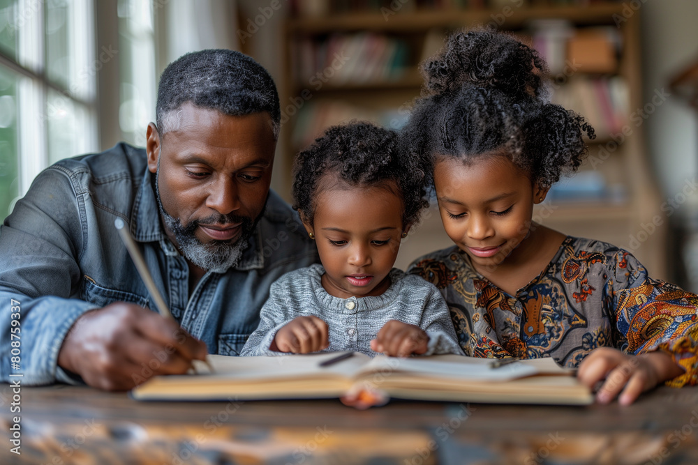 A father and two children sit together, reading a book A father and two children sit together, reading a book