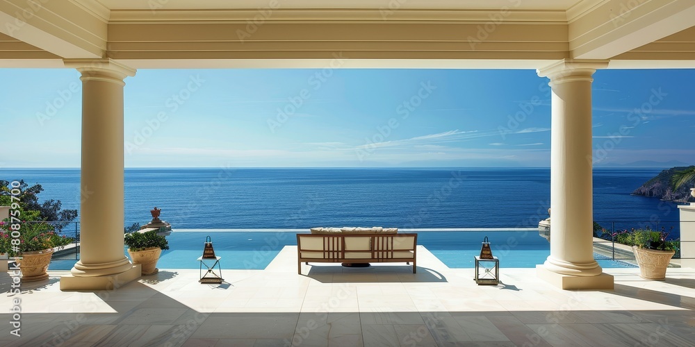 Fototapeta premium Seaside Splendor: Classic View from Grand Villa to Infinity Pool and Endless Ocean Horizon
