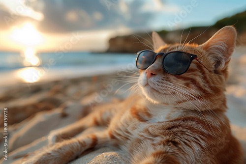 A red-haired cat wearing sunglasses relaxing on a sandy beach