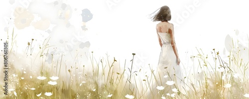 Ethereal Simplicity A Watercolor of a Woman in a Minimalist White Dress Amid a Field of Cosmos Flowers © doraclub