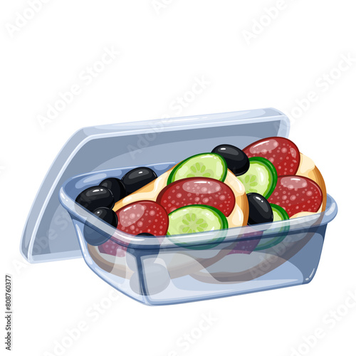Open plastic box with sandwiches, cartoon lunchbox food snack for kids. Funny transparent container with toast bread, slices of sausage and cucumber, cartoon sandwiches for lunch vector illustration