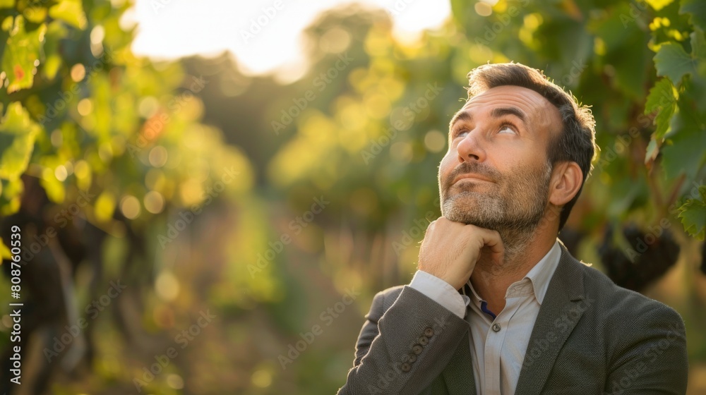 Portrait of proud mature vineyard owner standing and looking up. Mature satisfied winemaker looking up. Proud owner of the vineyard. Portrait of proud mature vineyard owner standing and looking up. Mature satisfied winemaker looking up. Proud owner of the vineyard.