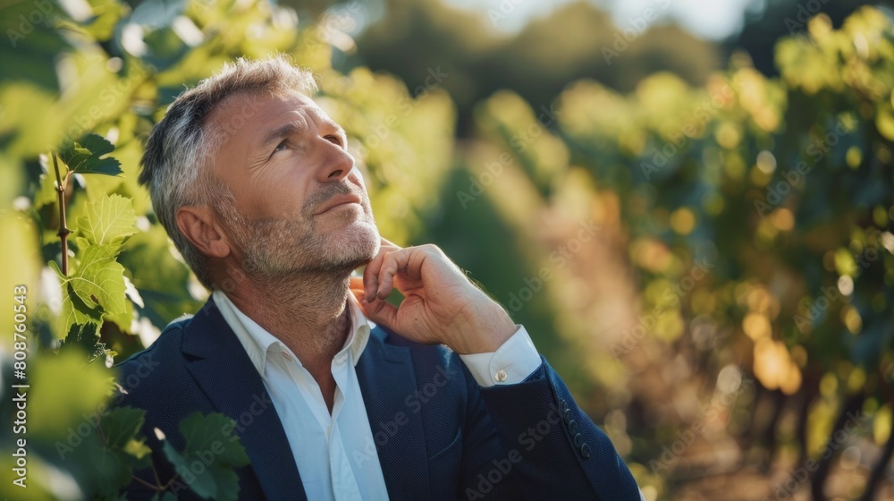 Portrait of proud mature vineyard owner standing and looking up. Mature satisfied winemaker looking up. Proud owner of the vineyard. Portrait of proud mature vineyard owner standing and looking up. Mature satisfied winemaker looking up. Proud owner of the vineyard.