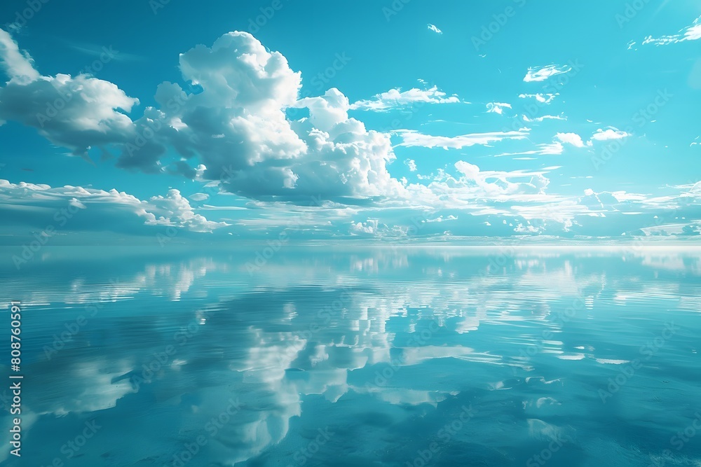 Beautiful sky with blue color and white clouds, mirror reflection on water surface Beautiful sky with blue color and white clouds, mirror reflection on water surface