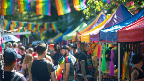 A bustling eco-market during Pride Month, stalls selling organic rainbow-themed foods and crafts, banners promoting sustainability, diverse crowd of all ages and backgrounds enjoying the event, festiv photo