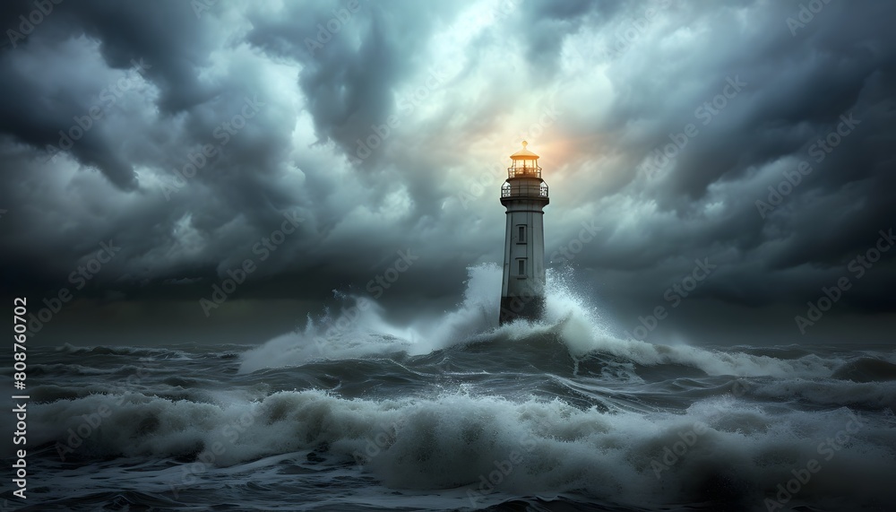 Dramatic Storm Waves Crashing Against Lighthouse
