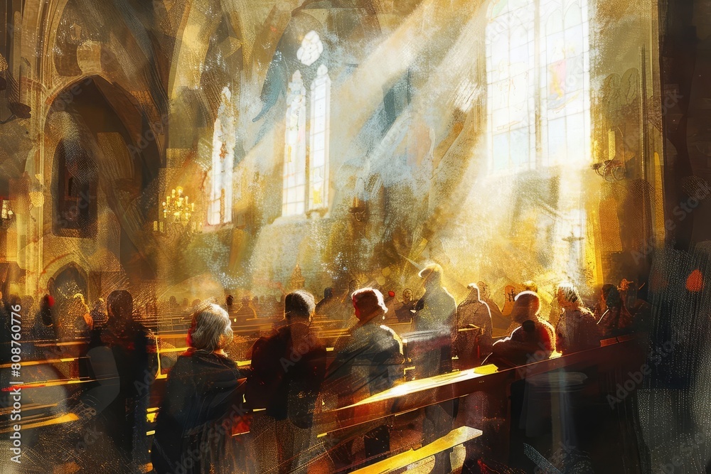 devoted congregation praying together in sunlit church interior digital painting