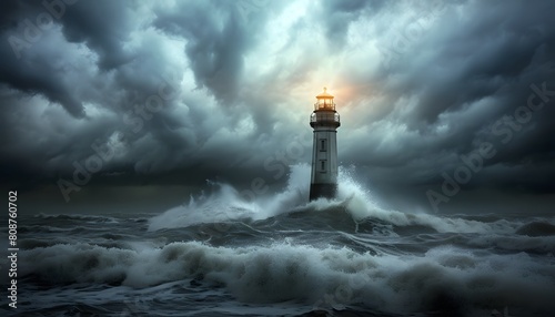 Dramatic Storm Waves Crashing Against Lighthouse