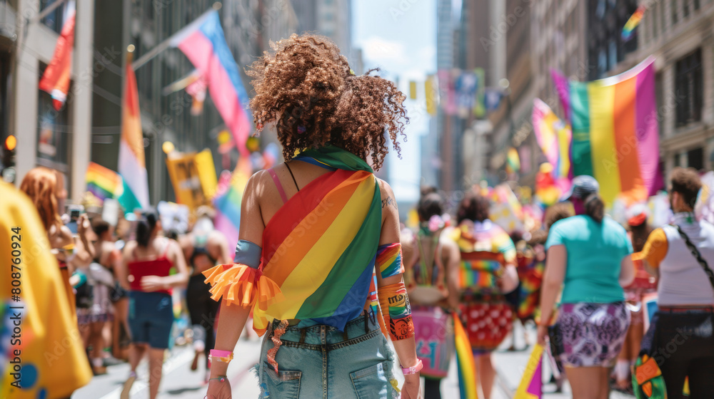 A vibrant Pride parade with participants from diverse backgrounds, including various races, ethnicities, and people with disabilities showcasing unity, a bustling city street filled with colorful bann