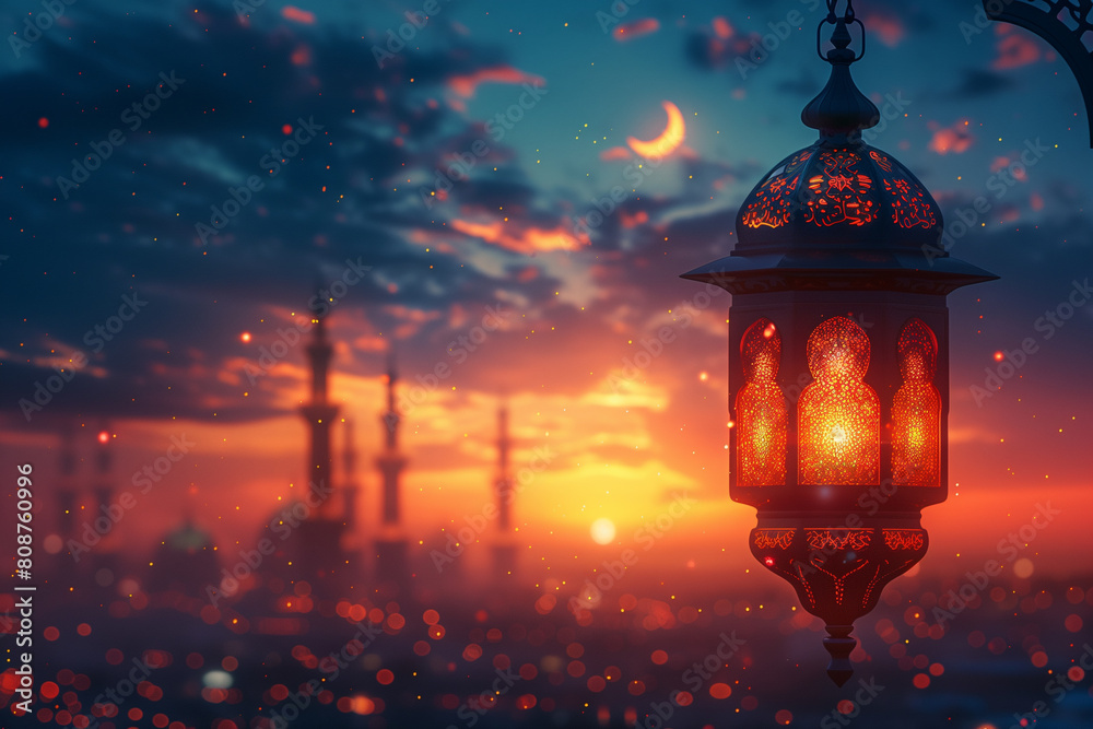 Lantern hanging from a tree in front of a vibrant sunset Islamic New Year 