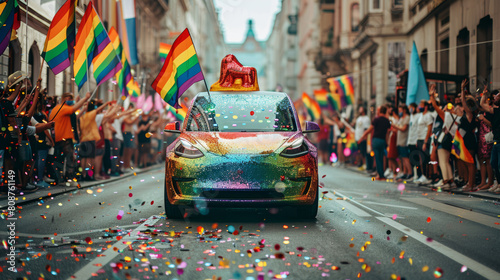 A vibrant parade scene celebrating Pride Month, featuring a brightly decorated electric car draped in rainbow flags, driving through a bustling city street filled with joyful crowds waving flags, Glit photo
