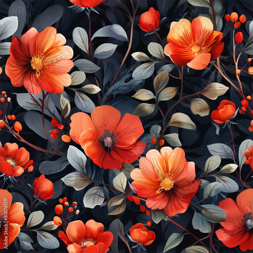 Painting of vibrant red flowers floral pattern and green leaves against a striking black backdrop