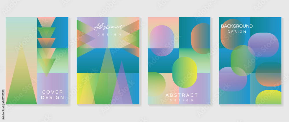 Abstract gradient poster background vector set. Minimalist style cover template with vibrant perspective 3d geometric prism shapes collection. Ideal design for social media, cover, banner, flyer.