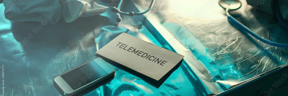 Obraz na plátně text telemedicine in a sign and smartphone