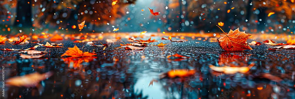 Rainy Day in the City, Water Droplets on a Car Window, Reflective Streets Glistening with Autumn Colors