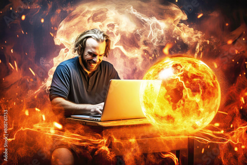 A man sits in front of a laptop, surrounded by the glow of fire, as he hacks into a computer network