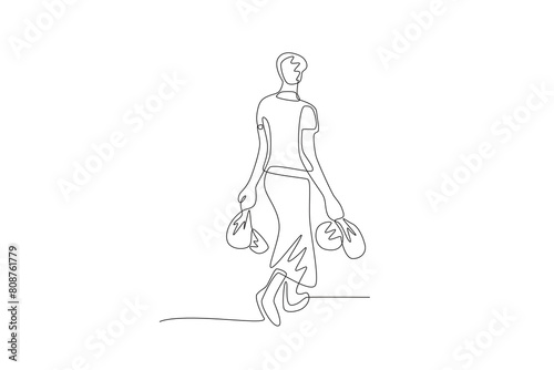 Refugee man with his luggage. World refugee day concept one-line drawing
