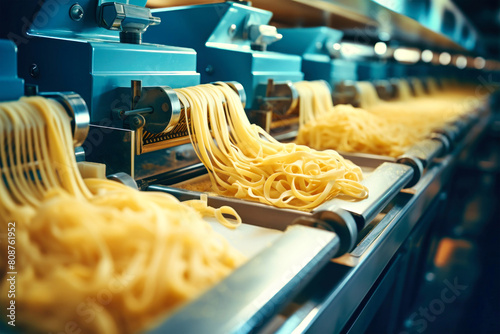 A mesmerizing sight of endless pasta noodles being extruded in a bustling factory, creating a perfect line of fresh pasta