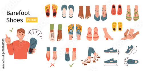 Barefoot shoes collection, man showing anatomic footwear, doodle icons of sandals, boots and sneakers, vector illustrations of minimalist shoes, cartoon character feet, thin flexible sole, infographic photo