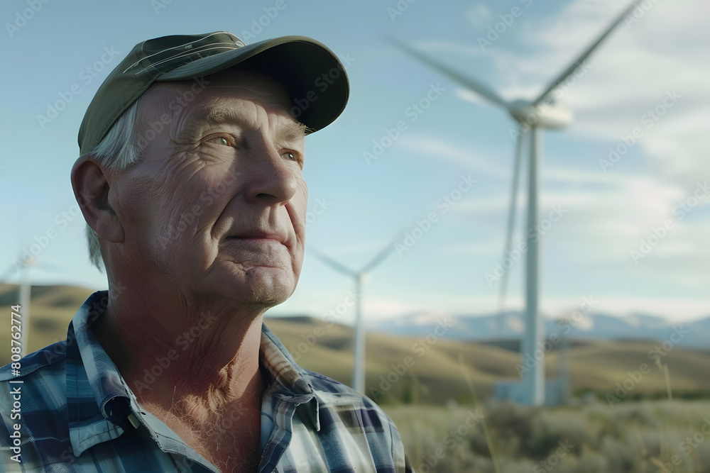 Elderly Caucasian man wearing a cap and plaid shirt standing in front of wind turbines under a clear blue sky Elderly Caucasian man wearing a cap and plaid shirt standing in front of wind turbines under a clear blue sky