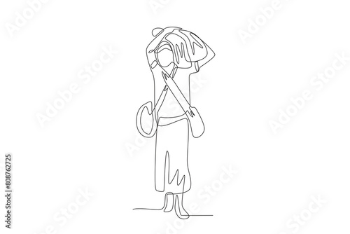 Refugee man with bags and other belongings. World refugee day concept one-line drawing
