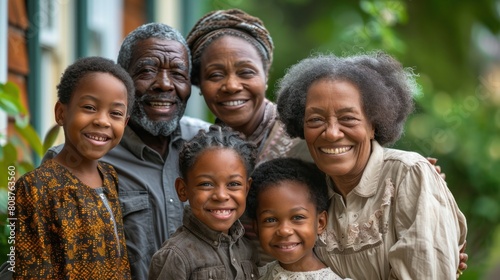 Black children, adult parents And senior grandparents stand in the garden of a restored Victorian home and smile for the camera. © sirisakboakaew
