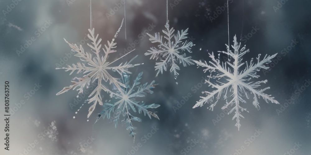 snowflakes hanging on strings, their sparkling crystalline shapes snowflakes hanging on strings, their sparkling crystalline shapes