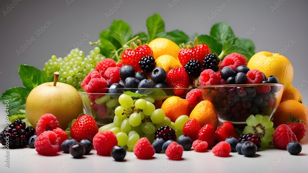 idea of nutrition, wellbeing, and a healthy lifestyle. It has a colorful arrangement of different berries, fruits, and vegetables that are tastefully separated from one another on a clear, neutral bac