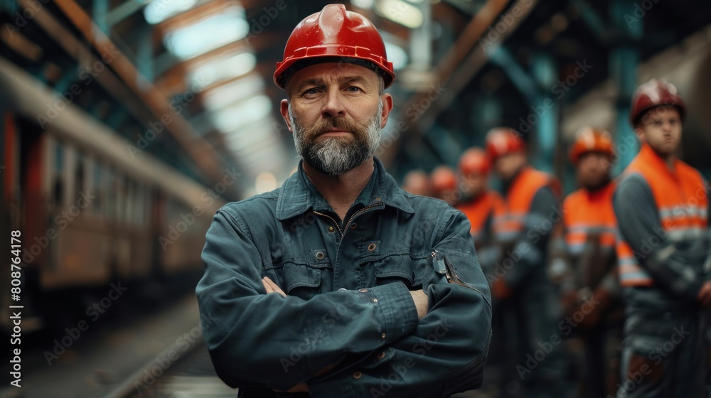Portrait of senior manager and engineers standing together in railway workshop. Maintenance supervisor with team of engineers at railway maintenance shop.