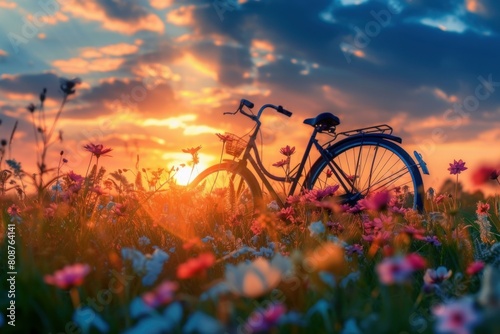 Classic bicycle stands among vibrant wildflowers against a breathtaking sunset