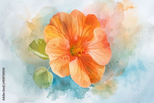 Delicately painted on the canvas, the Nasturtium flower blooms in watercolor, its delicate tendrils and rounded leaves adding a touch of whimsy and charm to any artistic composition.