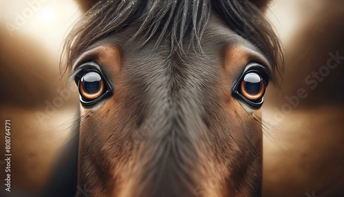 The horse's eyes wide and bright reflecting a sense of contentment and peace. The horse's eyes are a deep rich brown. Design. Cover. Wallpaper. photo