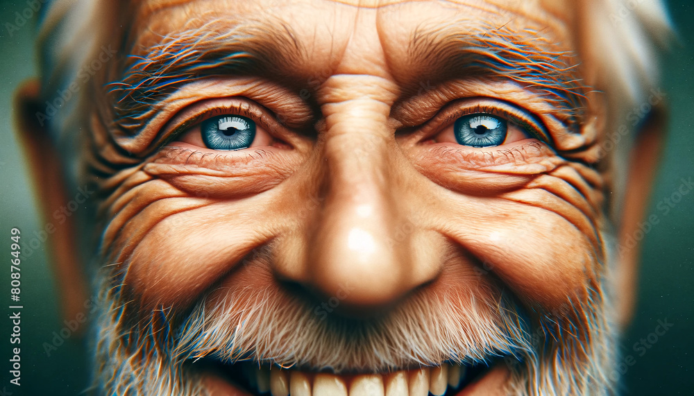 Happiness concept. Emotion. A grandfather's happy eyes shining with laughter and framed by deep laughter lines and weathered wrinkles. His irises are a vibra.