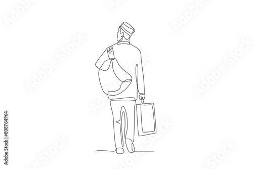 Refugee man carrying sacks and suitcases. World refugee day concept one-line drawing