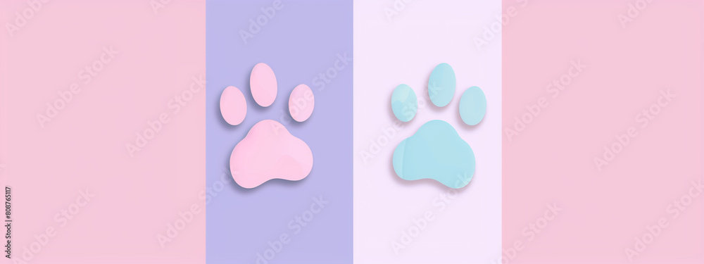
This illustration features a pastel pink background adorned with two simple line drawings of dog paw prints. The paw print on the left is stylized with purple and blue colors and has an extra thick 