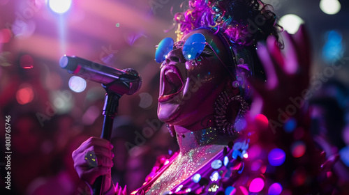 Dynamic shots of drag performers in action, a performer in mid-performance singing passionately, spotlight focusing on the shimmering sequin costume, audience in dim light, emotional and powerful, pho