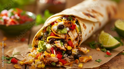 Mexican burrito with chicken and vegetables on a wooden background.