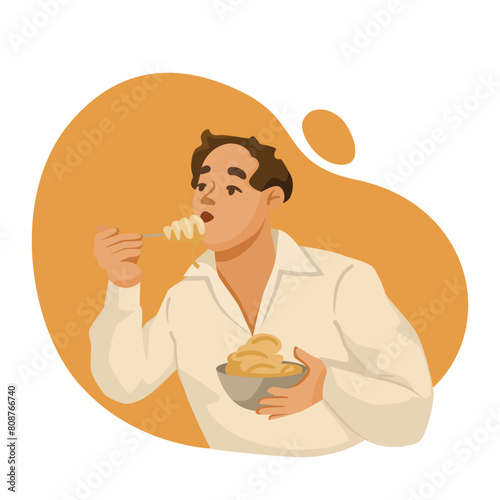 A vector illustration of a person eating noodles  with a flat graphic style on an orange background  depicting the concept of enjoying food. Vector illustration