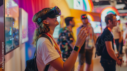 Innovative Pride-themed technology showcase, interactive VR stations with rainbow themes, enthusiastic crowd trying out gadgets, spacious exhibition hall, upbeat and festive atmosphere, event photogra