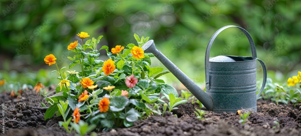 Beautiful flower seedlings growing in the soil in the garden. The watering can is on the ground. Beautiful flower seedlings growing in the soil in the garden. The watering can is on the ground.