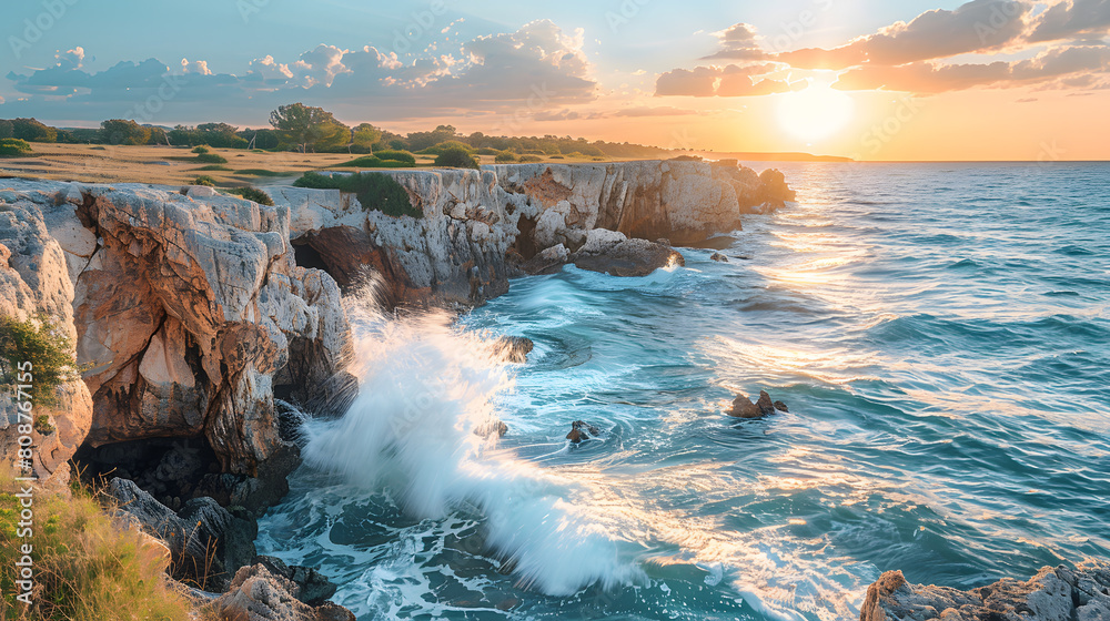 A photo featuring a sun-kissed coastline with rugged cliffs and crashing waves. Highlighting the dramatic coastal scenery and sandy beaches, while surrounded by salty sea breezes