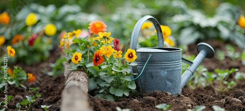 Beautiful flower seedlings growing in the soil in the garden. The watering can is on the ground.