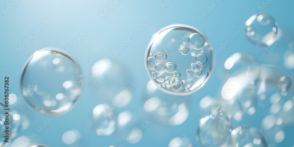 Bubble Magic Abstract Science Background with Water Droplets and Moisturizing Cosmetic Bubbles