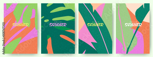 Creative concept of summer bright cards set with abstract tropical leaves. Modern art minimalist style design templates for celebration, ads, branding, banner, cover, label, poster, sales