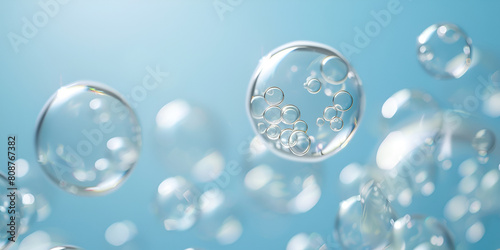 Bubble Magic Abstract Science Background with Water Droplets and Moisturizing Cosmetic Bubbles