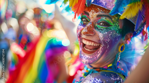 A close-up shot of a participant at a Pride parade, adorned in a glittering rainbow costume, their face painted with vibrant colors, background blurred to emphasize their joyful expression, the atmosp photo