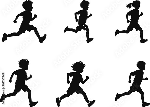 set of running kids silhouette vector illustration